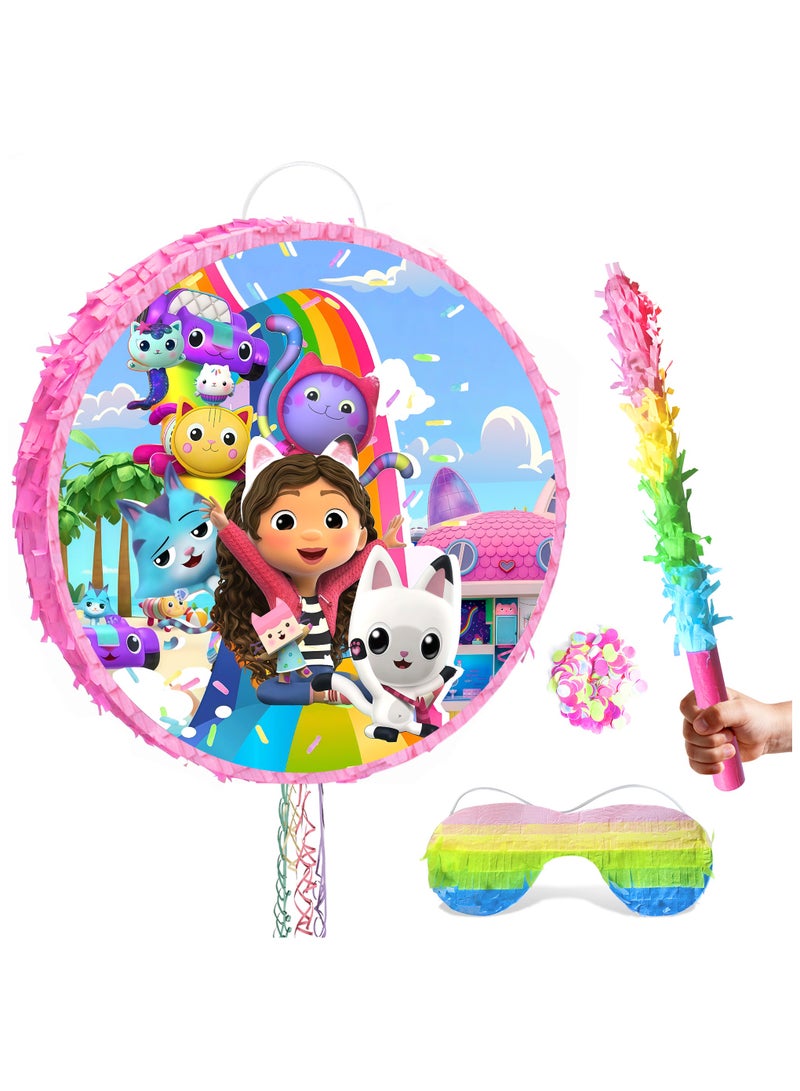 FRUITFUL PARTY Gabby's Dollhouse Round Pinata, Gabby Party Pinata Bundle - Large Cat-Themed Pinata, Magical Dollhouse Party Game Decorations Party Stick etc Gabby's Dollhouse Pinata Birthday Party Decoration Supplies - Image 1